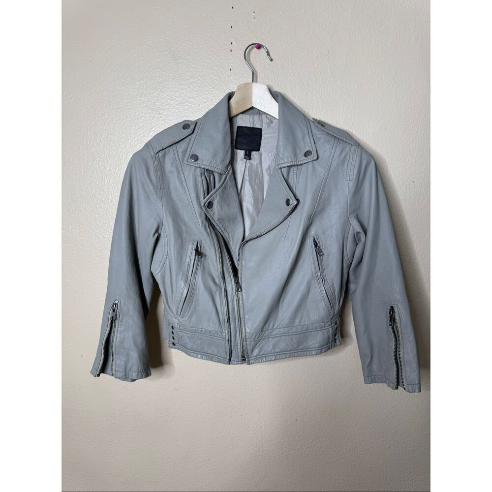 Joie Jacket Women Large Gray Moto Cropped Full Zip Lamb Leather Silk 3/4 Sleeve